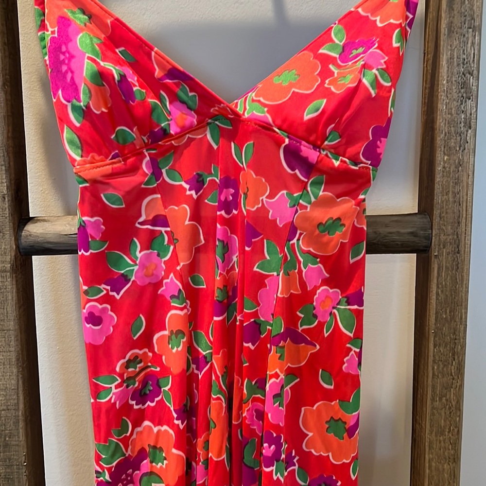Vintage SPEEDO long maxi dress- bright flowers on red background & halter neck